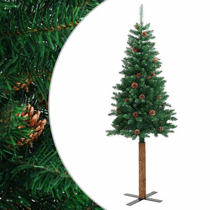 vidaXL Slim Christmas Tree with Real Wood and Cones Green 180 cm PVC - 180 x 72 cm