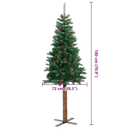 vidaXL Slim Christmas Tree with Real Wood and Cones Green 180 cm PVC - 180 x 72 cm