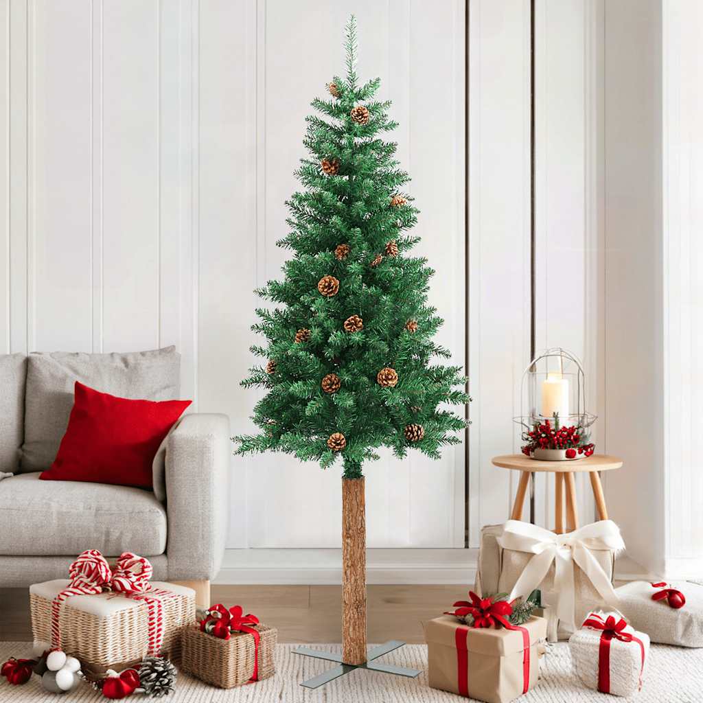 vidaXL Slim Christmas Tree with Real Wood and Cones Green 180 cm PVC - 180 x 72 cm