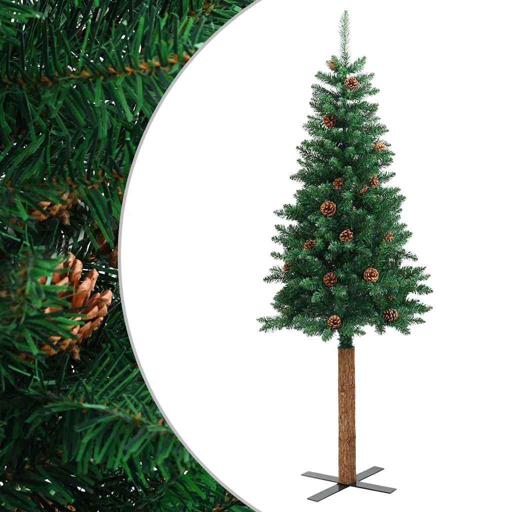 vidaXL Slim Christmas Tree with Real Wood and Cones Green 210 cm PVC - 210 x 77 cm