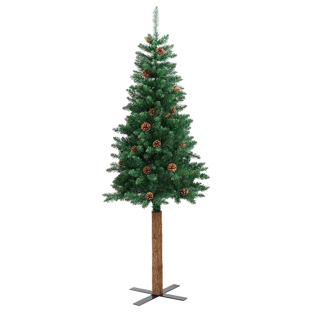 vidaXL Slim Christmas Tree with Real Wood and Cones Green 210 cm PVC - 210 x 77 cm