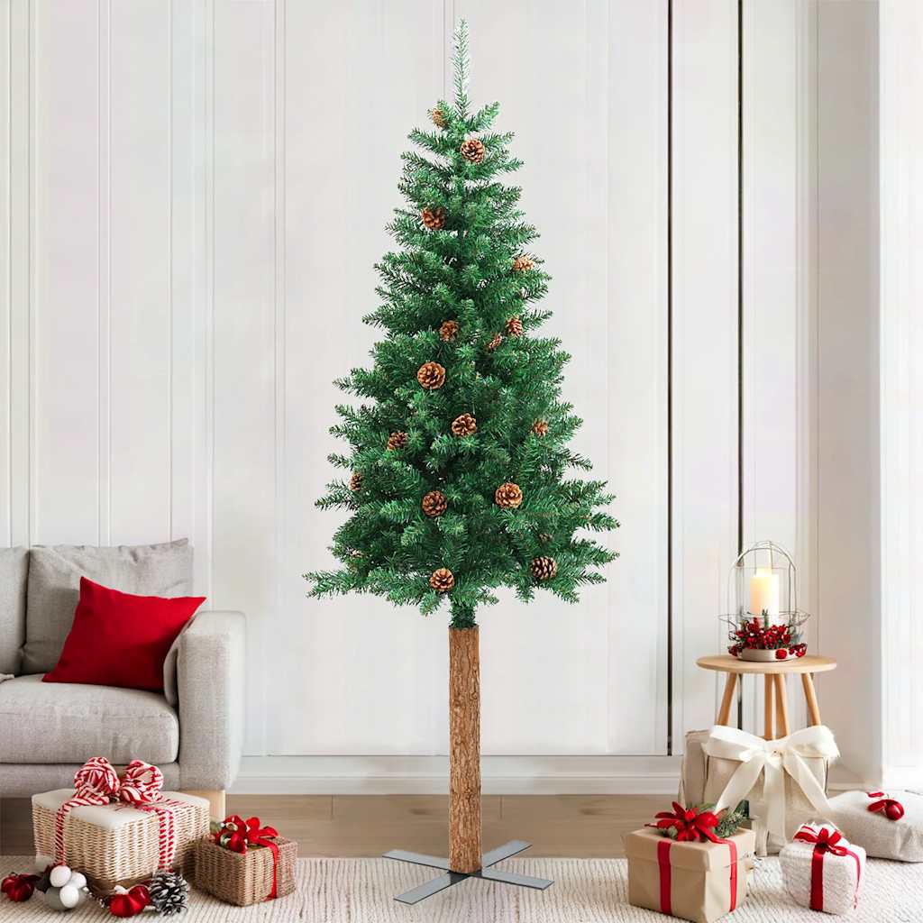 vidaXL Slim Christmas Tree with Real Wood and Cones Green 210 cm PVC - 210 x 77 cm