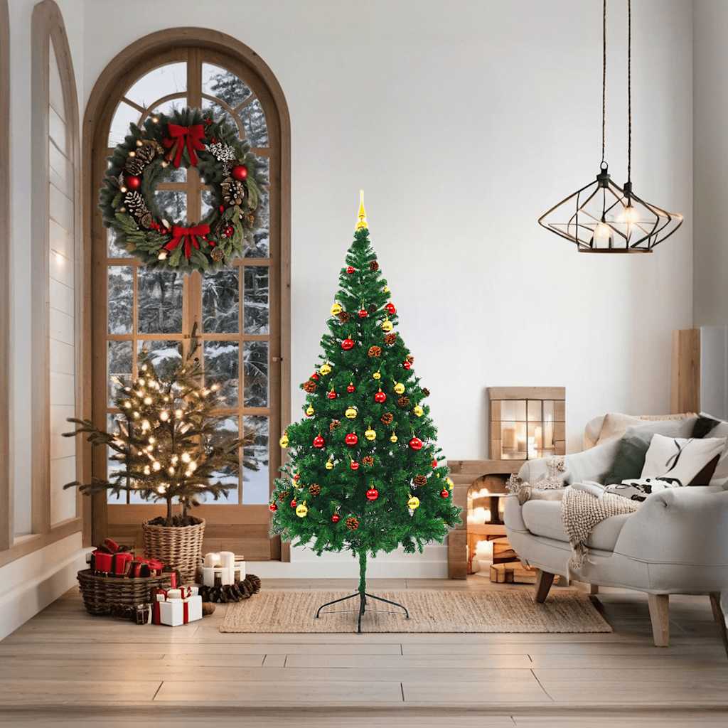 vidaXL Artificial Pre-lit Christmas Tree with Baubles Green 180 cm - 180 x 90 cm