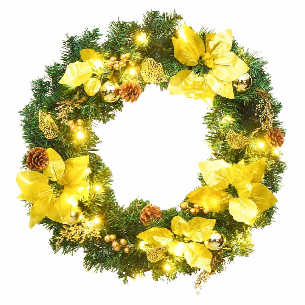 vidaXL Christmas Wreath with LED Lights Green 60 cm PVC - green & gold - 44292