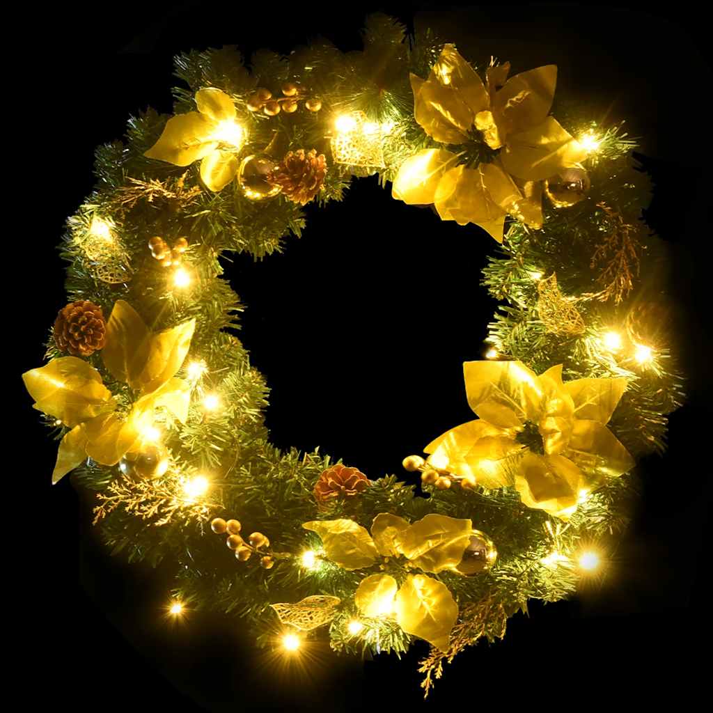 vidaXL Christmas Wreath with LED Lights Green 60 cm PVC - green & gold - 44292