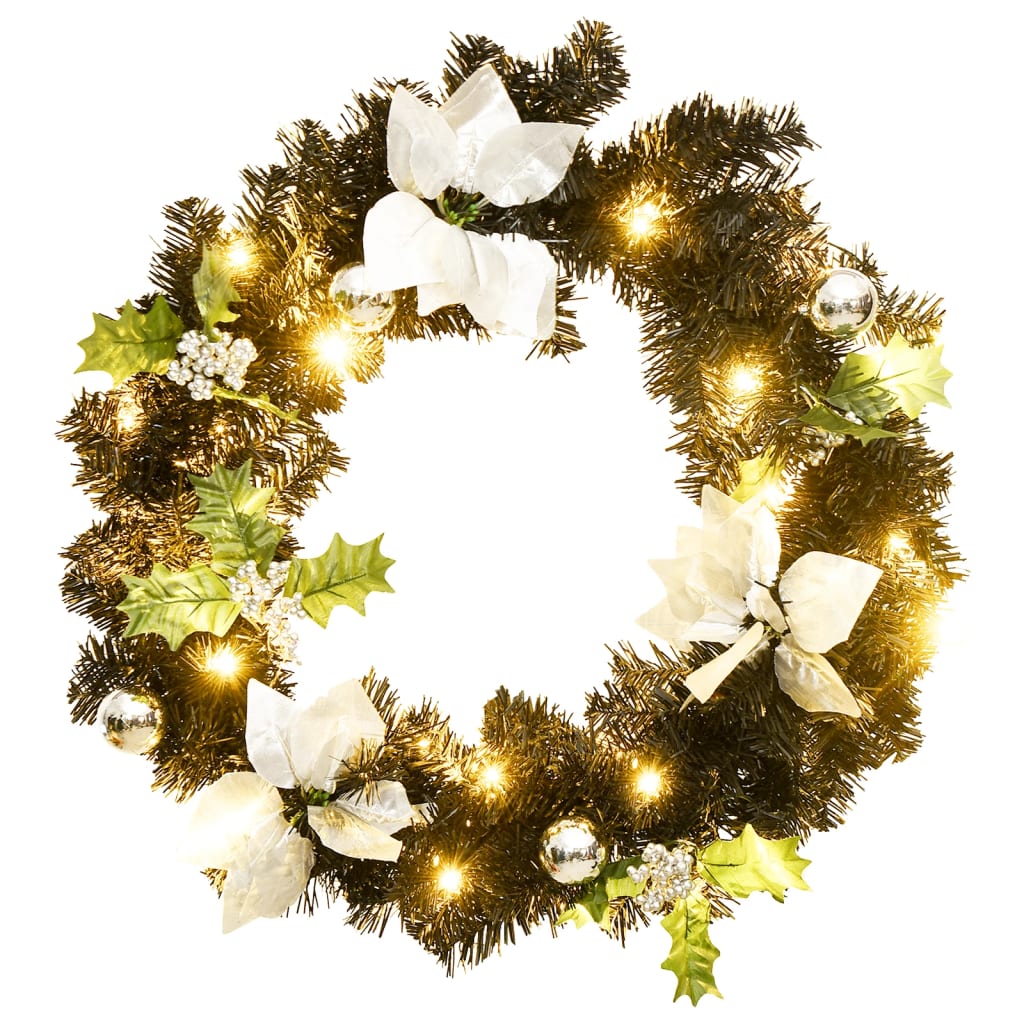 vidaXL Christmas Wreath with LED Lights Black 60 cm PVC - black & silver