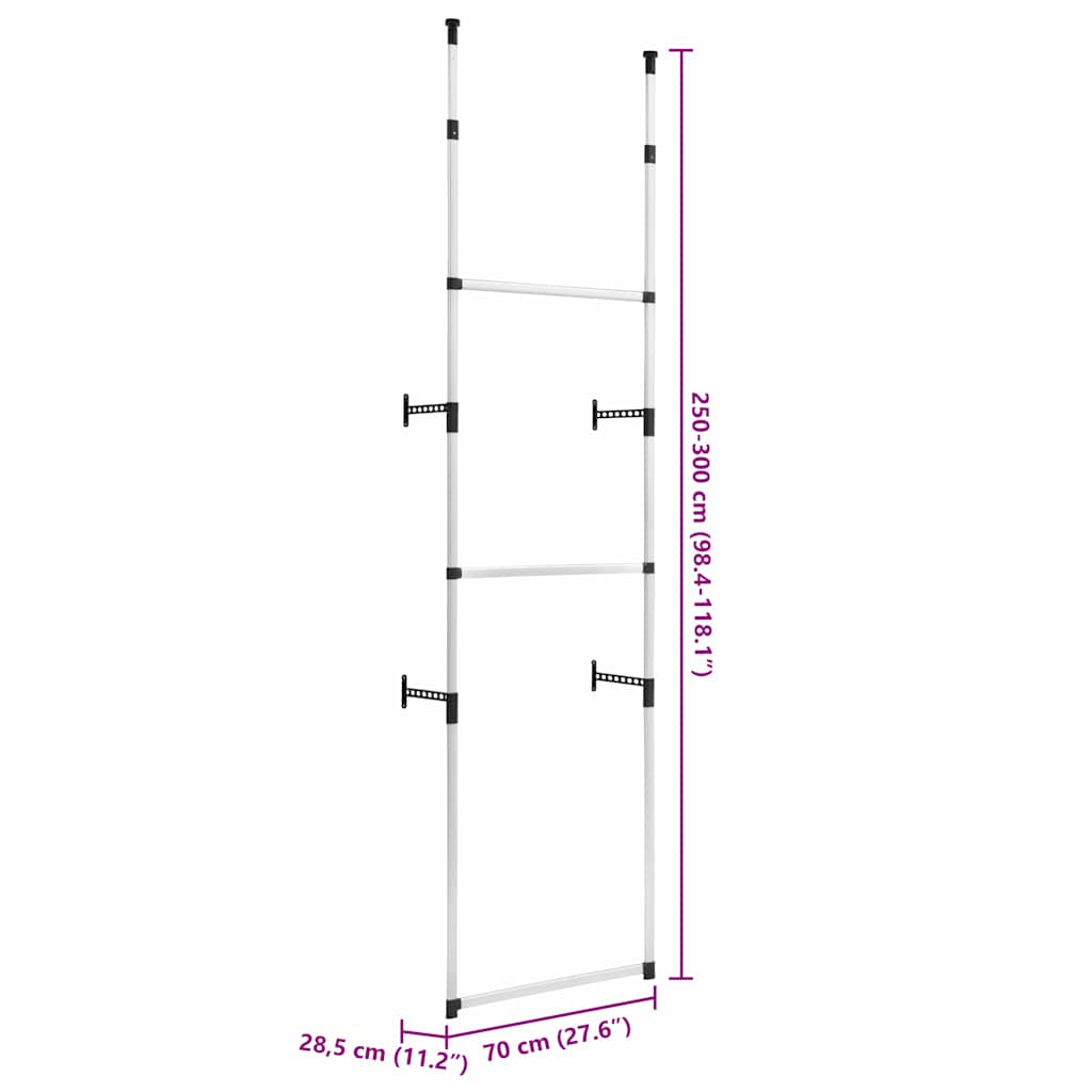 321105 vidaXL Telescopic Wardrobe System with Rods Aluminium - Silver - 70 x 28.5 x 300 cm