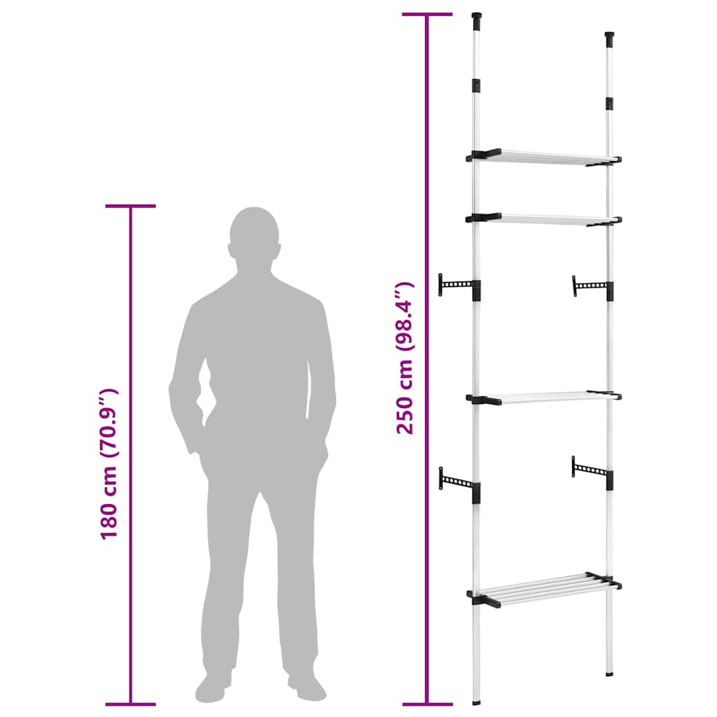 321106 vidaXL Telescopic Wardrobe System with Shelves Aluminium - Silver - 70 x 40 x 300 cm