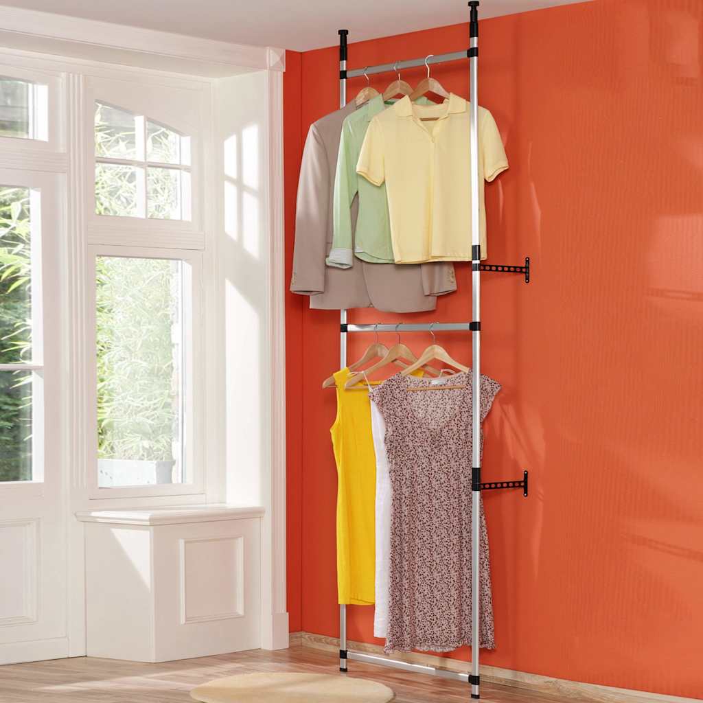 321107 vidaXL Telescopic Wardrobe System with Rods and Shelf Aluminium - Silver - 65 x 40 x 300 cm