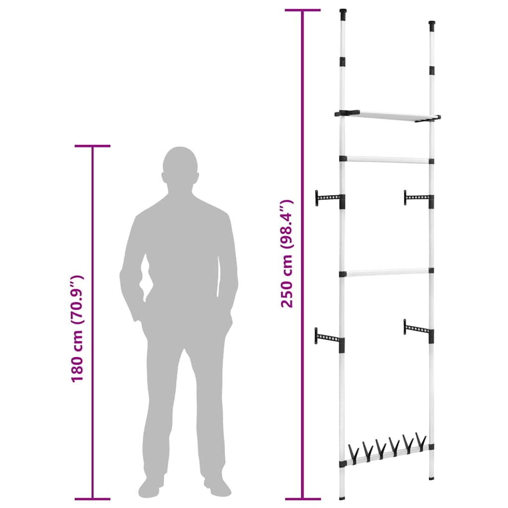 321107 vidaXL Telescopic Wardrobe System with Rods and Shelf Aluminium - Silver - 65 x 40 x 300 cm