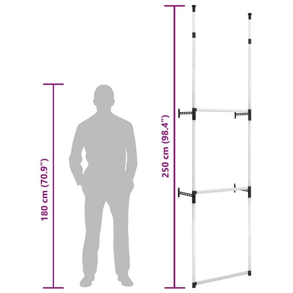 321112 vidaXL Telescopic Wardrobe System with Rods Aluminium - Silver - 110 x 28 x 300 cm