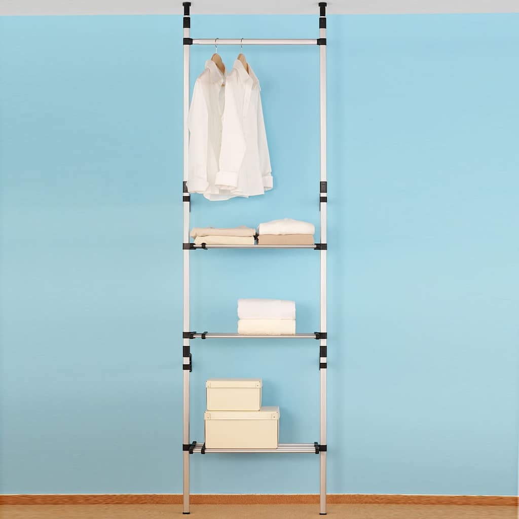 321113 vidaXL Telescopic Wardrobe System with Rods and Shelf Aluminium - Silver - 115 x 40 x 300 cm