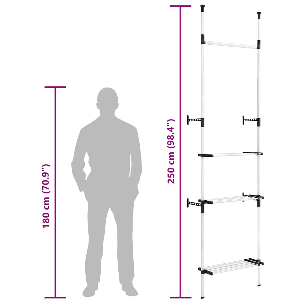 321113 vidaXL Telescopic Wardrobe System with Rods and Shelf Aluminium - Silver - 115 x 40 x 300 cm