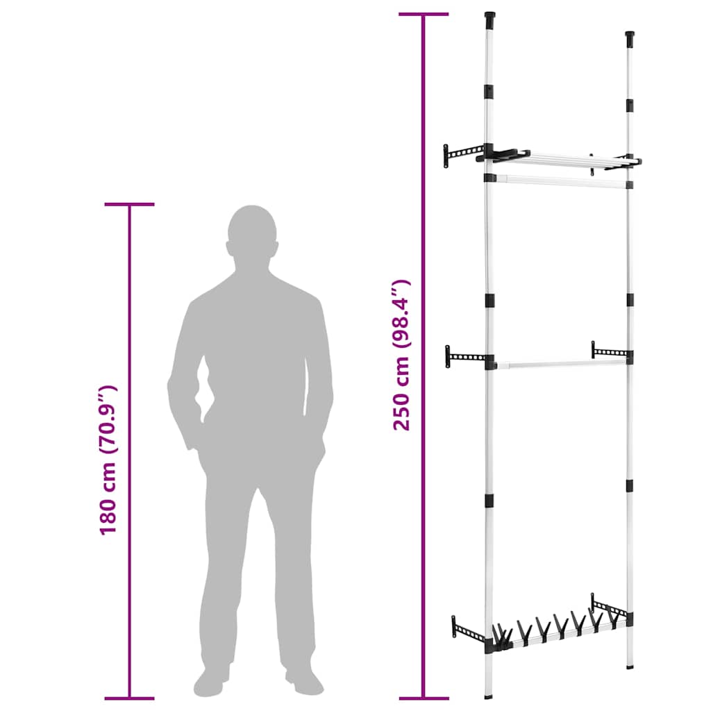 321114 vidaXL Telescopic Wardrobe System with Rods and Shelf Aluminium - Silver - 110 x 28 x 300 cm