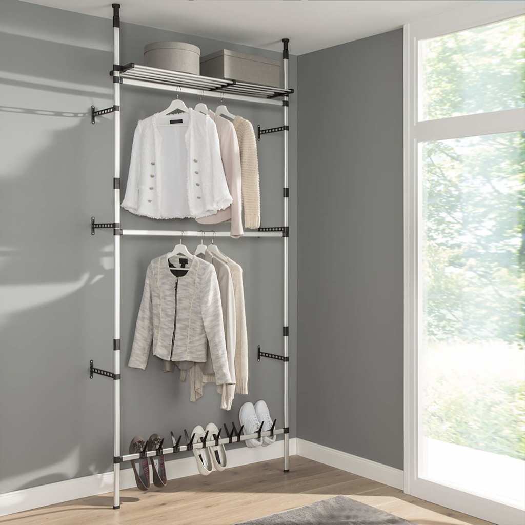 321114 vidaXL Telescopic Wardrobe System with Rods and Shelf Aluminium - Silver - 110 x 28 x 300 cm