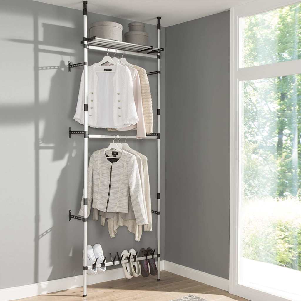 321114 vidaXL Telescopic Wardrobe System with Rods and Shelf Aluminium - Silver - 110 x 28 x 300 cm