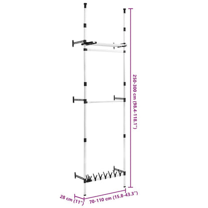 321114 vidaXL Telescopic Wardrobe System with Rods and Shelf Aluminium - Silver - 110 x 28 x 300 cm
