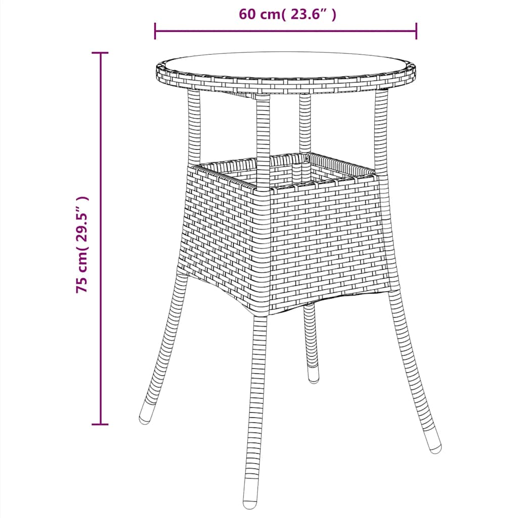 vidaXL Garden Table Ø60x75 cm Tempered Glass and Poly Rattan Black