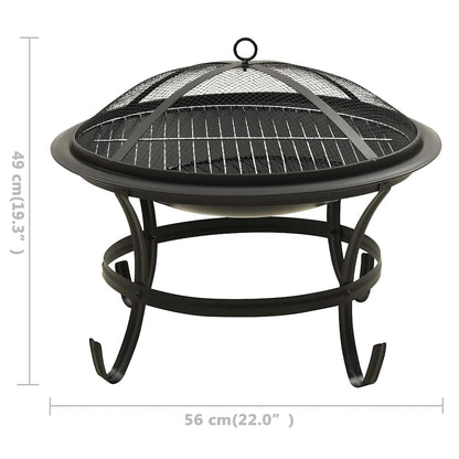 vidaXL 2-in-1 Fire Pit and BBQ with Poker 56x56x49 cm Steel - Black