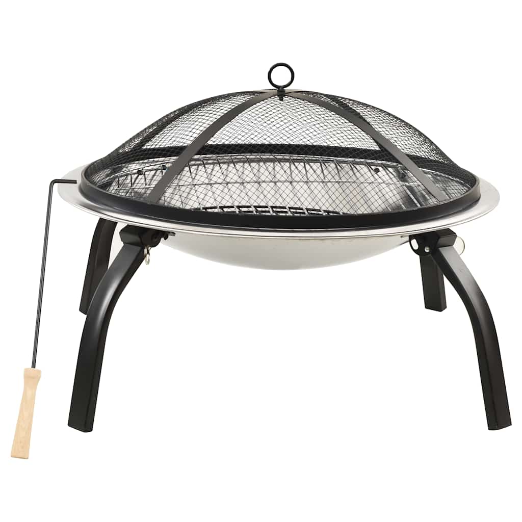 vidaXL 2-in-1 Fire Pit and BBQ with Poker 56x56x49 cm Stainless Steel - Silver - 10573
