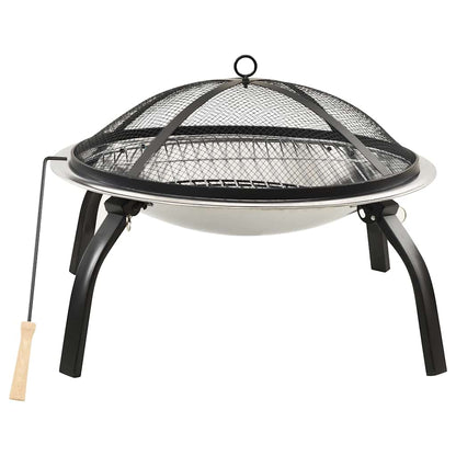 vidaXL 2-in-1 Fire Pit and BBQ with Poker 56x56x49 cm Stainless Steel - Silver - 10573