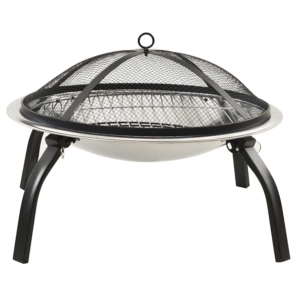 vidaXL 2-in-1 Fire Pit and BBQ with Poker 56x56x49 cm Stainless Steel - Silver