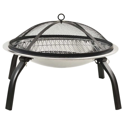 vidaXL 2-in-1 Fire Pit and BBQ with Poker 56x56x49 cm Stainless Steel - Silver - 10573