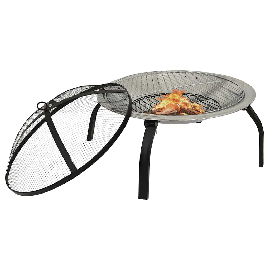 vidaXL 2-in-1 Fire Pit and BBQ with Poker 56x56x49 cm Stainless Steel - Silver