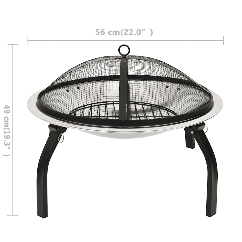 vidaXL 2-in-1 Fire Pit and BBQ with Poker 56x56x49 cm Stainless Steel - Silver