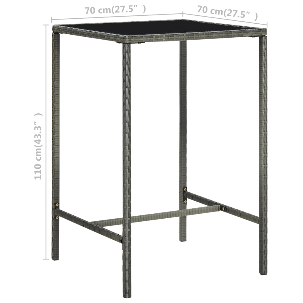 vidaXL Garden Bar Table Grey 70x70x110 cm Poly Rattan and Glass
