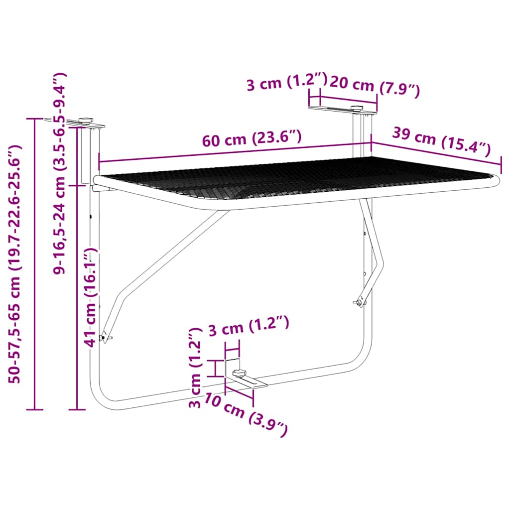 325924 vidaXL Balcony Table Black 60x40 cm Steel - 60 x 40 x 65 cm