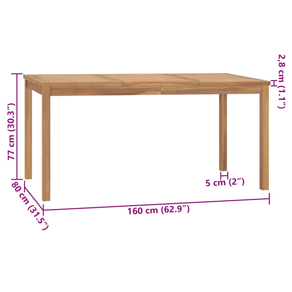 vidaXL Garden Dining Table 160x80x77 cm Solid Teak Wood - Brown
