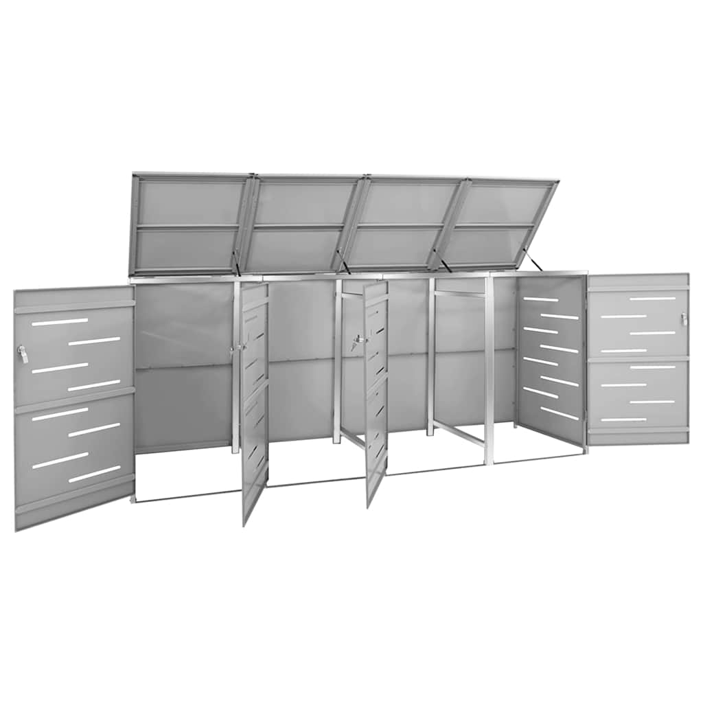 vidaXL Quadruple Wheelie Bin Shed 276.5x77.5x115 cm Stainless Steel - Grey - 276.5 x 77.5 x 112.5 cm