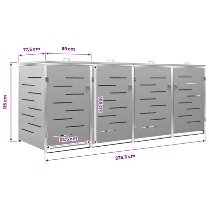 vidaXL Quadruple Wheelie Bin Shed 276.5x77.5x115 cm Stainless Steel - Grey - 276.5 x 77.5 x 112.5 cm