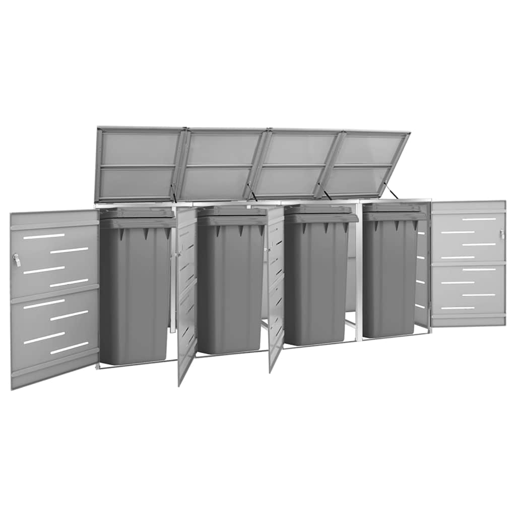 vidaXL Quadruple Wheelie Bin Shed 276.5x77.5x115 cm Stainless Steel - Grey - 276.5 x 77.5 x 112.5 cm