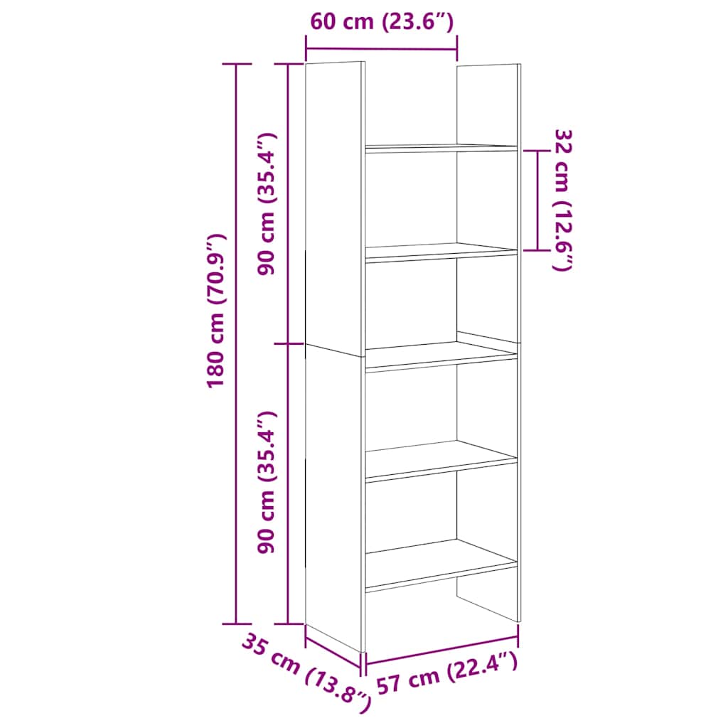 vidaXL Book Cabinet Sonoma Oak 60x35x180 cm Engineered Wood - Brown