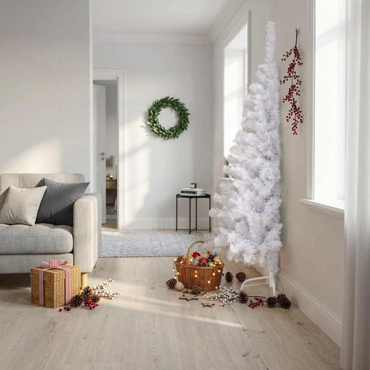 vidaXL Artificial Half Christmas Tree | White | PVC, Steel | Large - 210 cm