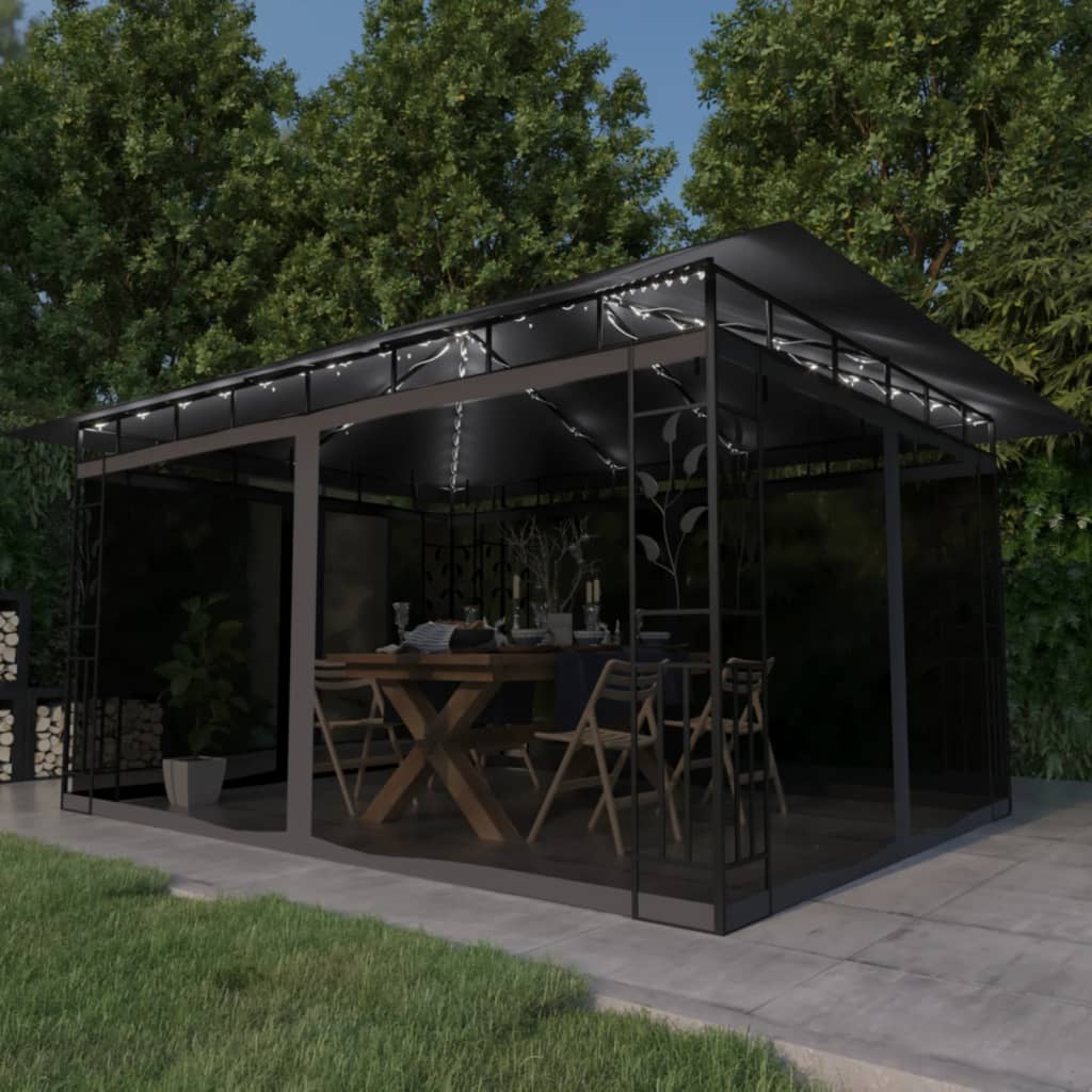 vidaXL Gazebo with Mosquito Net&LED String Lights 4x3x2.73m Anthracite - 4 x 3 x 2.73 m
