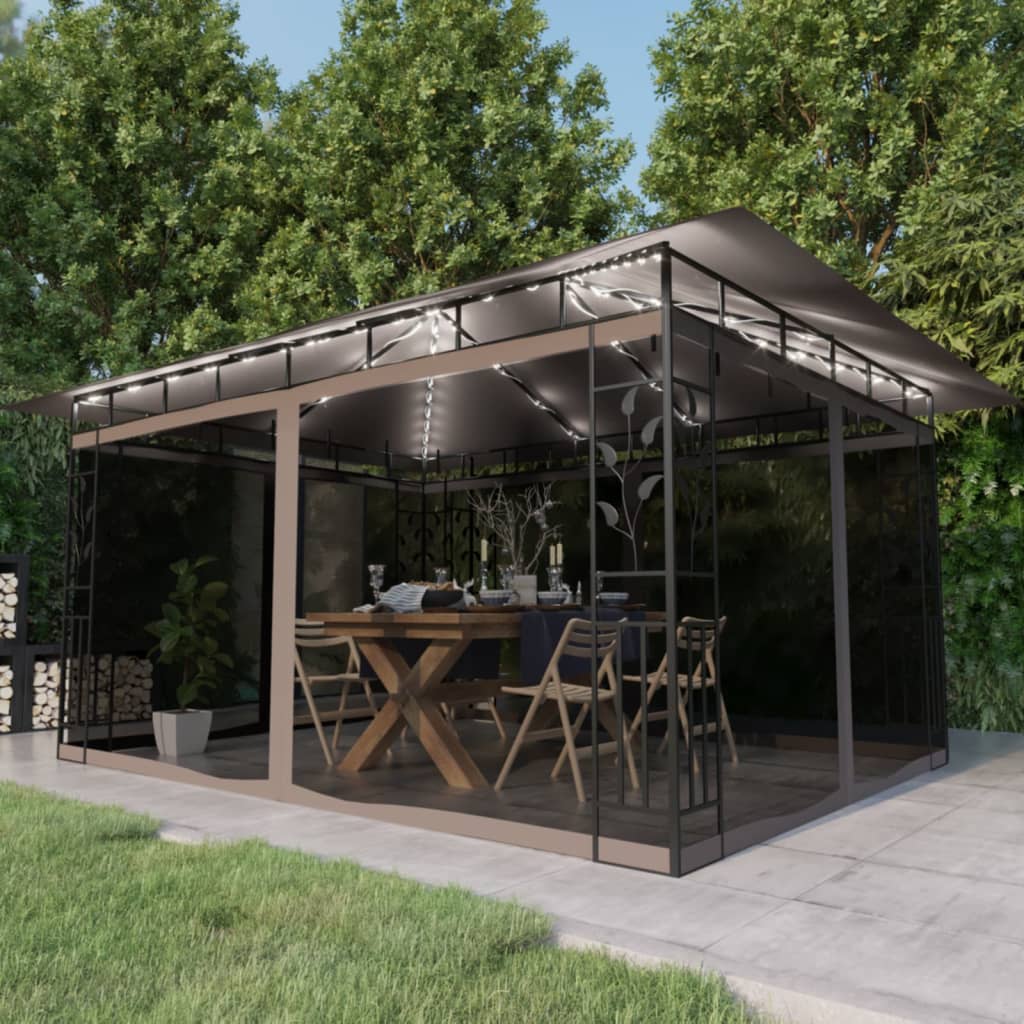 vidaXL Gazebo with Mosquito Net&LED String Lights 4x3x2.73 m Taupe - 4 x 3 x 2.73 m