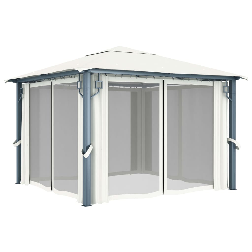 vidaXL Gazebo with Curtain&LED String Lights 3x3 m Cream Aluminium - 300 x 300 cm