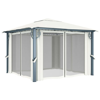 vidaXL Gazebo with Curtain&LED String Lights 3x3 m Cream Aluminium - 300 x 300 cm