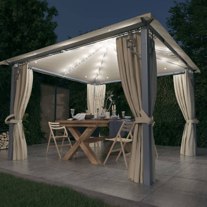 vidaXL Gazebo with Curtain&LED String Lights 3x3 m Cream Aluminium - 300 x 300 cm
