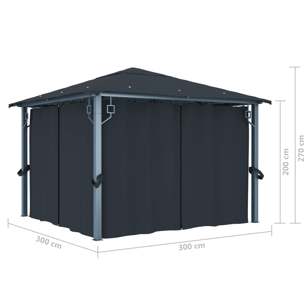 vidaXL Gazebo with Curtain&LED String Lights 3x3 m Anthracite Aluminium - 300 x 300 cm