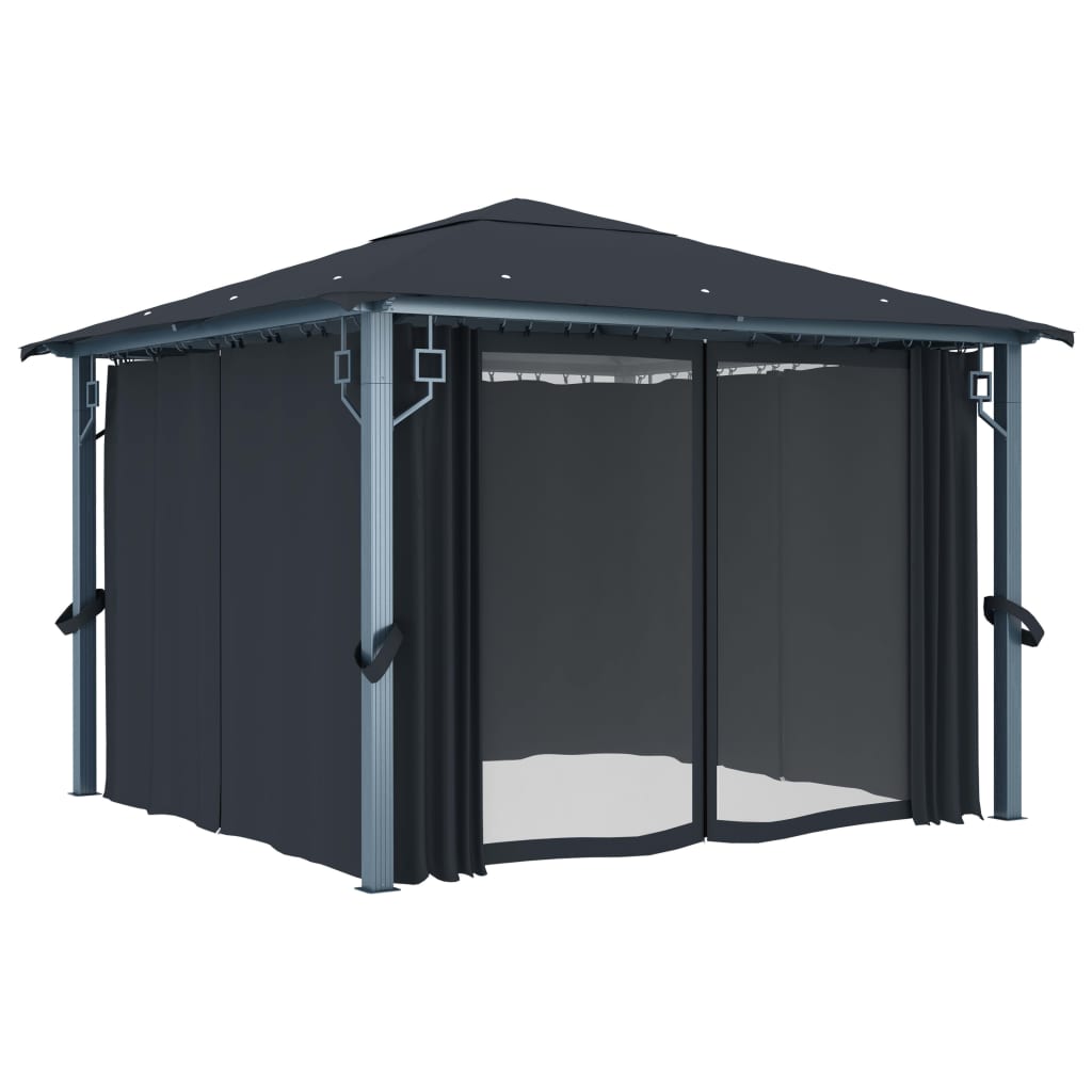 vidaXL Gazebo with Curtain&LED String Lights 3x3 m Anthracite Aluminium - 300 x 300 cm