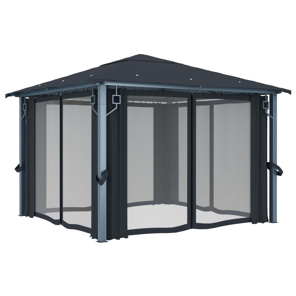 vidaXL Gazebo with Curtain&LED String Lights 3x3 m Anthracite Aluminium - 300 x 300 cm