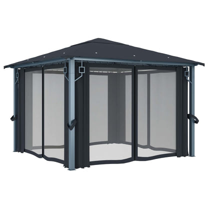vidaXL Gazebo with Curtain&LED String Lights 3x3 m Anthracite Aluminium - 300 x 300 cm