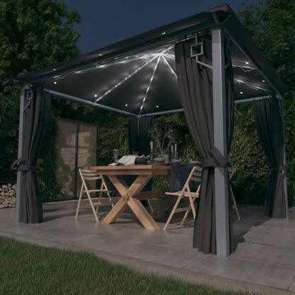 vidaXL Gazebo with Curtain&LED String Lights 3x3 m Anthracite Aluminium - 300 x 300 cm