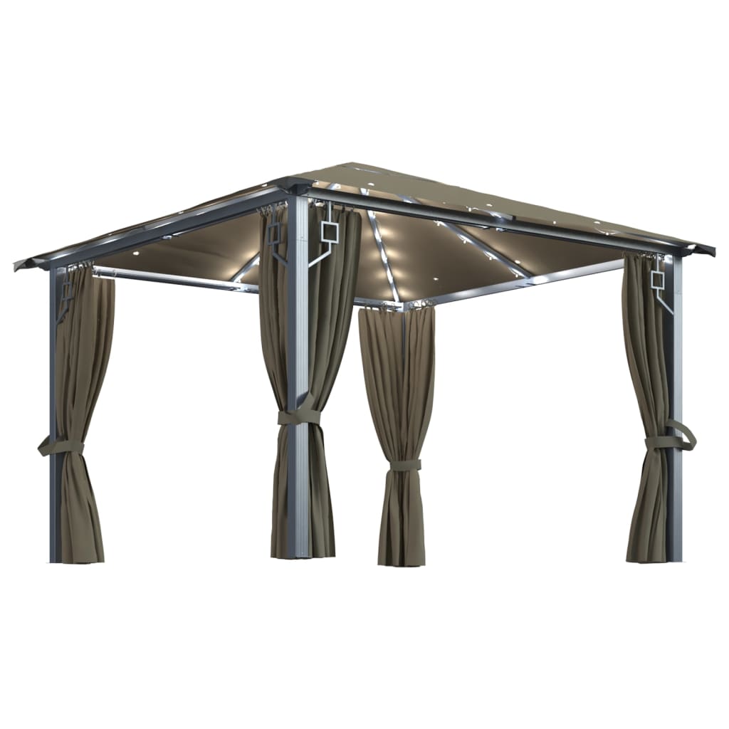 vidaXL Gazebo with Curtain&LED String Lights 3x3 m Taupe Aluminium - 300 x 300 cm