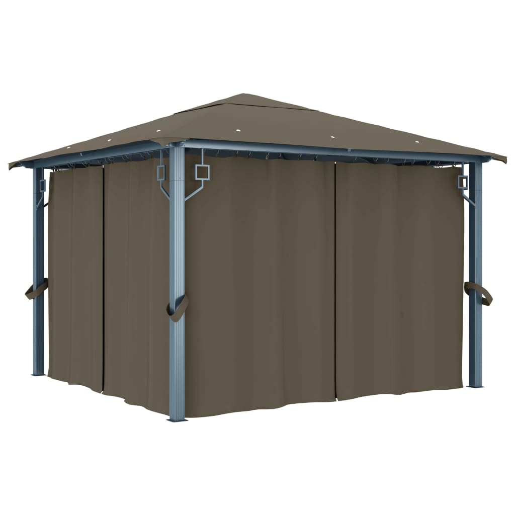 vidaXL Gazebo with Curtain&LED String Lights 3x3 m Taupe Aluminium - 300 x 300 cm