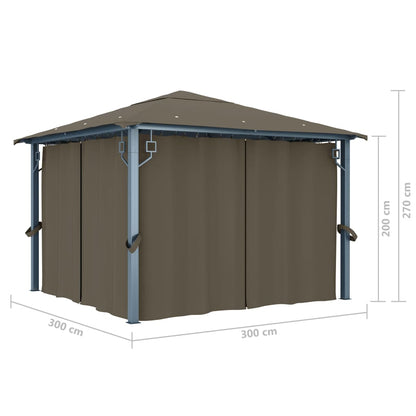 vidaXL Gazebo with Curtain&LED String Lights 3x3 m Taupe Aluminium - 300 x 300 cm